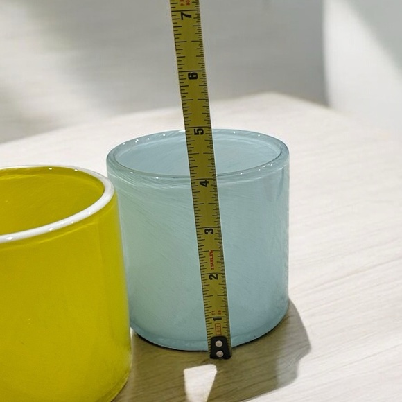 2 Glass Vases Yellow and Blue with White Patterning - Picture 6 of 9